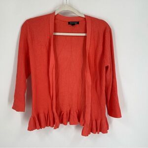 Roz & Ali Vibrant Coral Ribbed Knit Cardigan with Ruffle Detail size XS